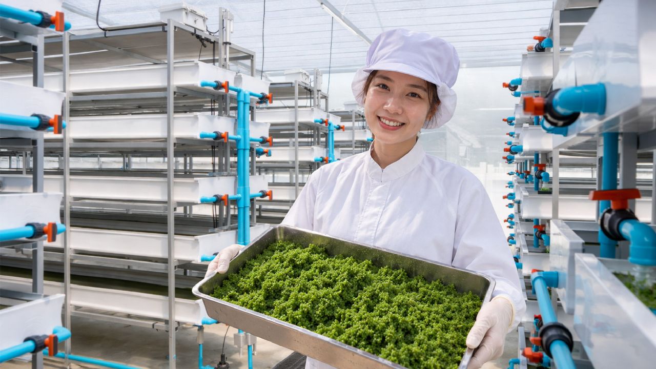 เจ้าหน้าที่ Wolffia Plus ถือถาดผำสดในโรงเรือนสมาร์ทฟาร์ม