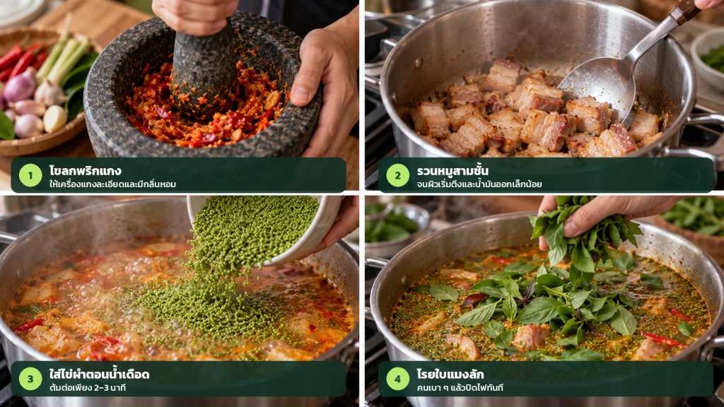 ขั้นตอนวิธีทำแกงไข่ผำหมูสามชั้นและการใส่ไข่ผำสดลงในหม้อน้ำแกงเดือดจัดต้มเพียง 2 ถึง 3 นาทีก่อนปิดไฟ